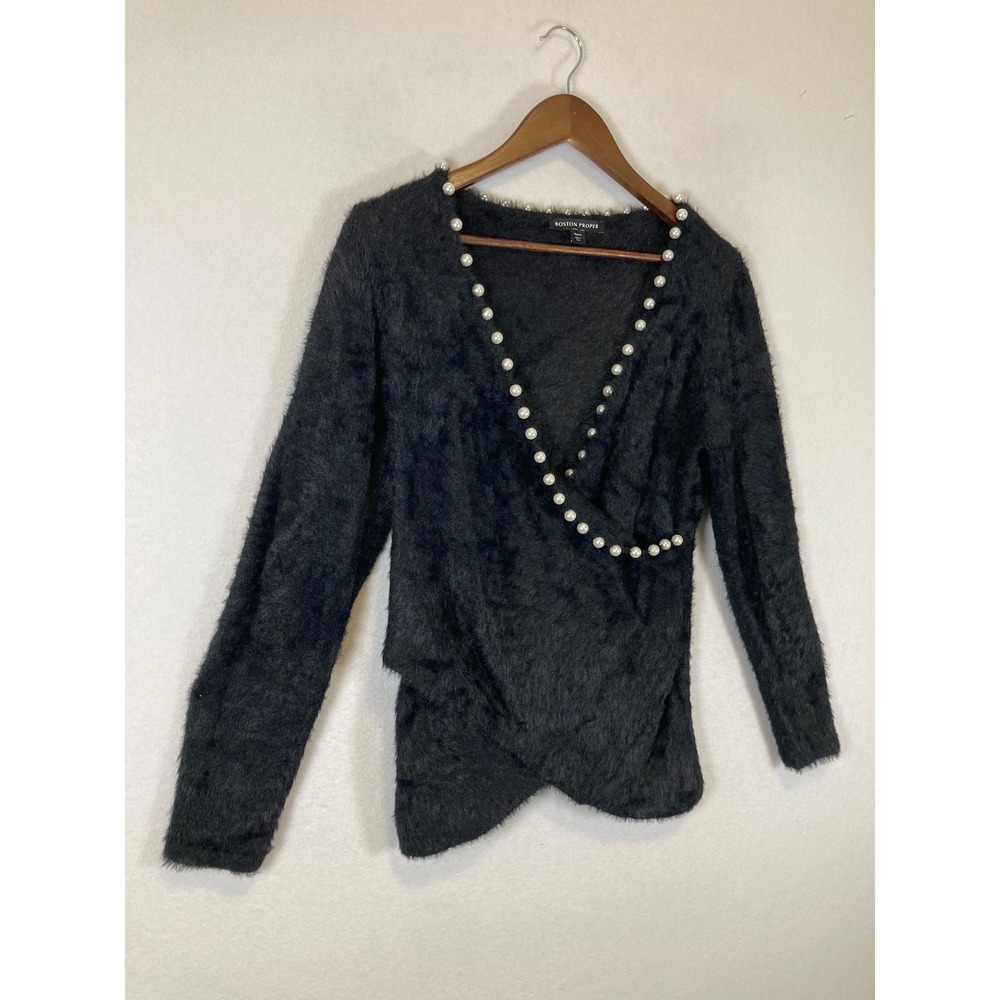 Pearlcore Boston Proper Women Size M Black Fuzzy Eyelash Knit Wrap Pearl Sweater - Picture 9 of 9